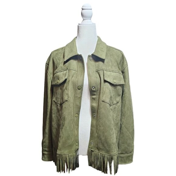 Canyon Retreat olive green faux suede south western fringe tassels jacket size M - Picture 8 of 10